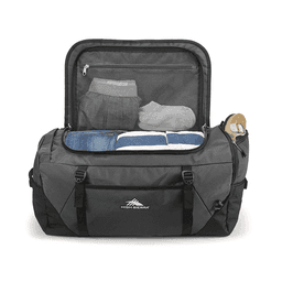 A grey duffel backpack opened to reveal neatly folded clothes and a drink bottle inside. It features a logo on the front.
