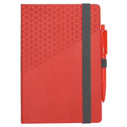 A red geometric-patterned notebook with a grey elastic band and an orange pen attached.