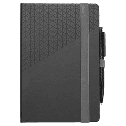 A black notebook with a geometric design and an attached pen, featuring an elastic closure.