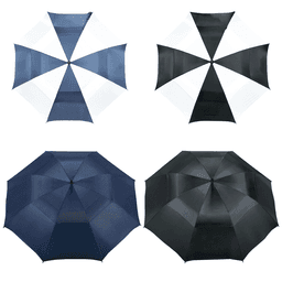 A vented golf umbrella featuring a black and white colour scheme, along with navy blue options. Includes branding.