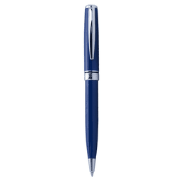 A twist action ballpoint pen in blue with chrome accents and a sleek design, featuring a logo.