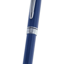 A blue metal ballpoint pen with a silver band and a clip, featuring a logo on the band.