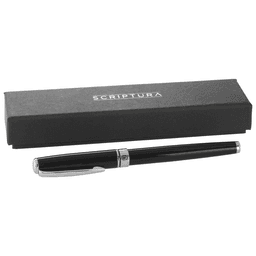 A black rollerball pen with a silver trim, presented in a sleek black box featuring a logo.