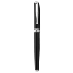 A sleek black metal rollerball pen with silver accents and a branding logo on the body.