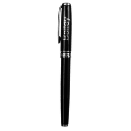 A black metal rollerball pen with a silver clip and branding on the barrel.