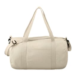 A beige Cotton 18 Barrel Duffel bag with two handles and a shoulder strap, featuring a logo.