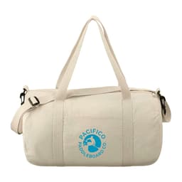 A cream cotton barrel duffel bag with shoulder strap and featuring a logo on the front.