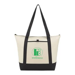 A beige non-woven tote cooler bag with black accents and a logo on the front. Holds 24 litres.