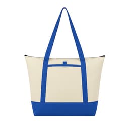 A blue and cream tote cooler bag with long handles and a front pocket. It features a logo.