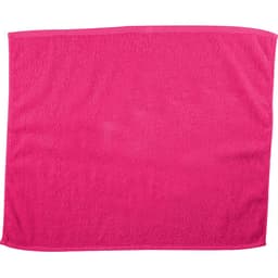A pink gym towel with a soft texture, featuring a logo on one side. Ideal for leisure and outdoor activities.