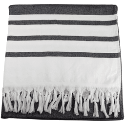 A Turkish beach towel displaying alternating dark grey and white stripes, featuring a fringed edge.