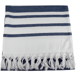 A Turkish beach towel in navy blue and white, featuring striped patterns and tasselled edges. It has a branding logo.
