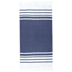 A navy blue and white Turkish beach towel with striped patterns and tasselled edges. It features a logo.