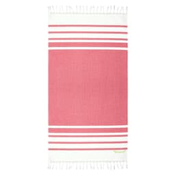 A pink and white striped beach towel with fringes and a small logo. Ideal for use on the beach or poolside.
