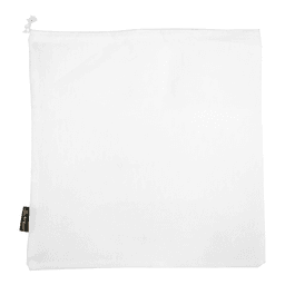 A white drawstring bag with a textured surface and a small logo tag, suitable for storage or carrying items.