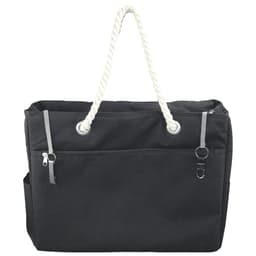 A black waterproof beach bag with a white rope handle and front zip pocket. Features a side pocket and branding.
