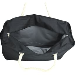 A waterproof black beach bag with a white rope handle, featuring an open interior for easy access.