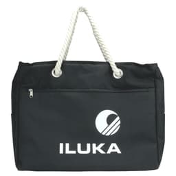 A black waterproof beach bag with a rope handle and a zip pocket, featuring a logo on the front.