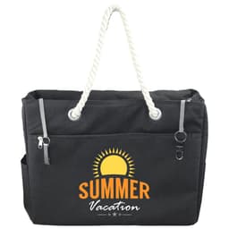 A black waterproof beach bag with a rope handle and a sun graphic, featuring zipped and open pockets.