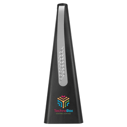 A black, triangular insect repellent fan featuring a silver accent and a multicoloured logo.
