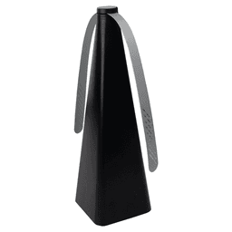 A black triangular fan with silver blades and a logo on the base, designed for outdoor use.