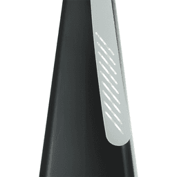 A black fan with a silver side accent, featuring a sleek, conical design. It includes a logo on the surface.