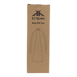 A portable fan in a cardboard box with a simple design. The product has a logo on the packaging.