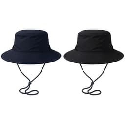 Two surf hats are displayed, one in navy blue and the other in black, both featuring chin straps and a logo.