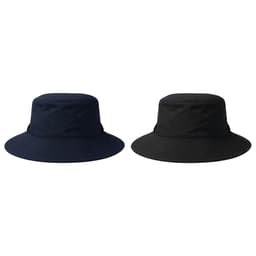 Two recycled surf hats are displayed, one in navy blue and the other in black, both with wide brims and a logo.