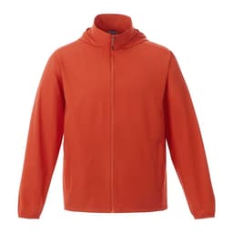 An orange men's packable rain jacket with a hood and front zipper, featuring a logo on the chest.