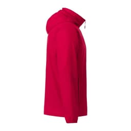 A red packable jacket with a hood, featuring a side view and a logo. Ideal for rain protection.