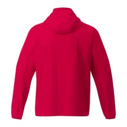 A packable rain jacket in vibrant red, featuring a hood and long sleeves, with a logo on the back.