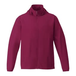 A maroon men's packable rain jacket featuring a hood and full zip front, with an understated design and logo.