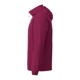 A maroon Men's TOBA Packable Jacket with a hood, featuring a logo on the side.