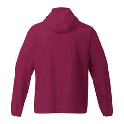 A maroon men's packable rain jacket with a hood, featuring long sleeves and a simple design on the back.