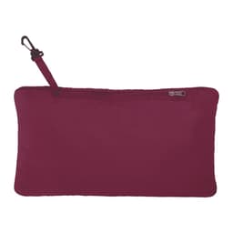 A maroon packable jacket with a zipper and a hanging loop, featuring a logo. Ideal for rain protection.