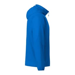 A blue men's packable jacket featuring a hood and side pockets, with a logo on the chest.