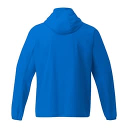 A blue men's packable rain jacket with a hood and long sleeves, featuring a logo on the back.