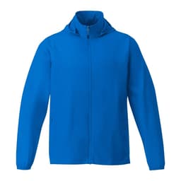 A blue men's packable jacket with a hood and full zip front, featuring a logo on the chest.