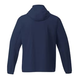 A navy blue men's packable rain jacket with a hood, featuring a logo on the back.