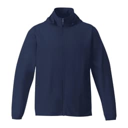 A navy packable jacket with a hood and full zip, featuring a logo on one side.