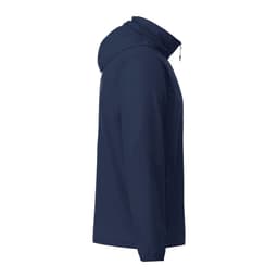 A navy packable rain jacket with a hood, featuring a side profile view and a logo on the fabric.