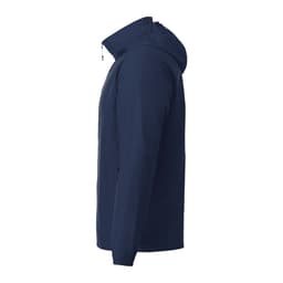 A navy men's packable rain jacket featuring a hood and zippered front, with a logo on the upper left.