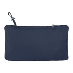 A navy packable jacket with a zip closure and clip for fastening, featuring a logo.