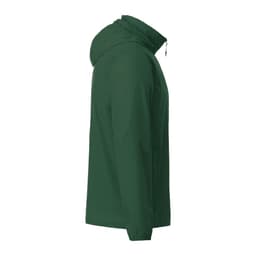 A green men's TOBA packable jacket with a hood, featuring zippered pockets and a logo.