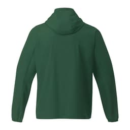 A green men's TOBA packable rain jacket featuring a hood and a back view. It has a logo on the sleeve.