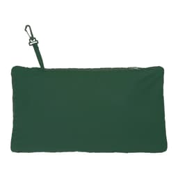 A green packable jacket folded into a compact pouch with a clip attachment. The jacket features a zip closure.