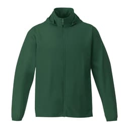 A green men's packable jacket with a hood, featuring a full zip and long sleeves. It has a logo on the front.