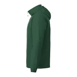 A green men's packable jacket with a hood, featuring a side view and a logo on the fabric.