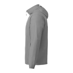 A grey men's packable rain jacket with a hood and a logo on the side.